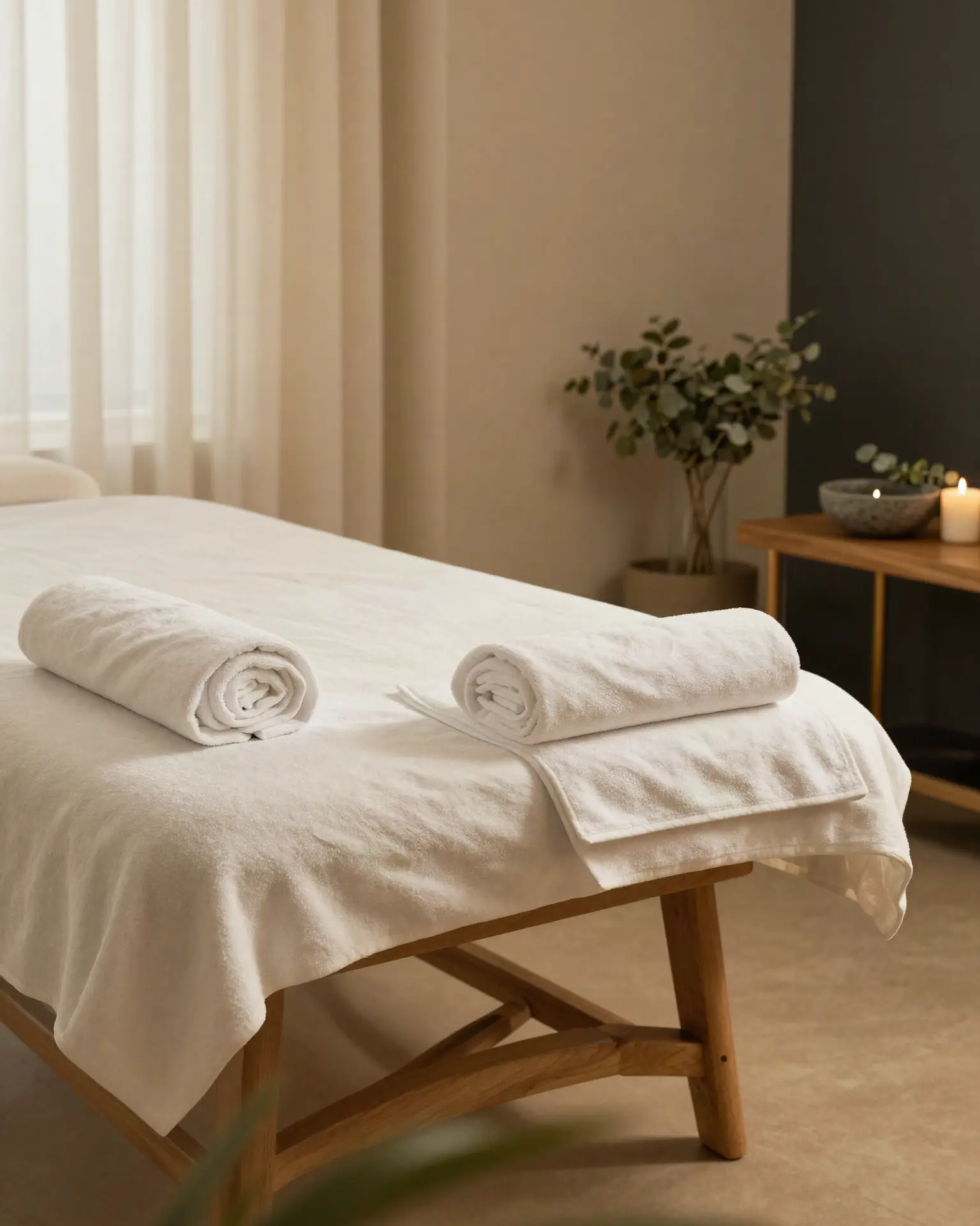 A massage table made up with fresh towels in a warm, softly lit treatment room.