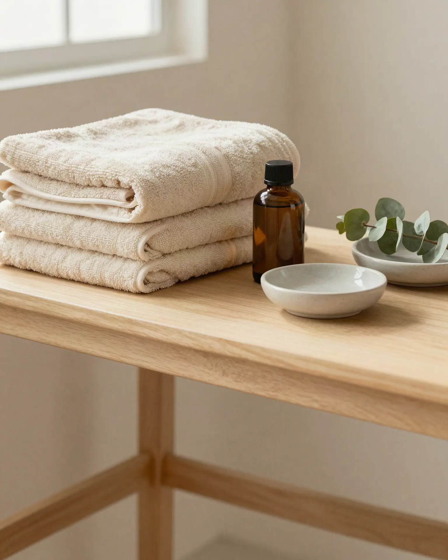 Folded cream towels stacked on a timber bench beside a bottle of massage oil, a ceramic dish and a sprig of eucalyptus.