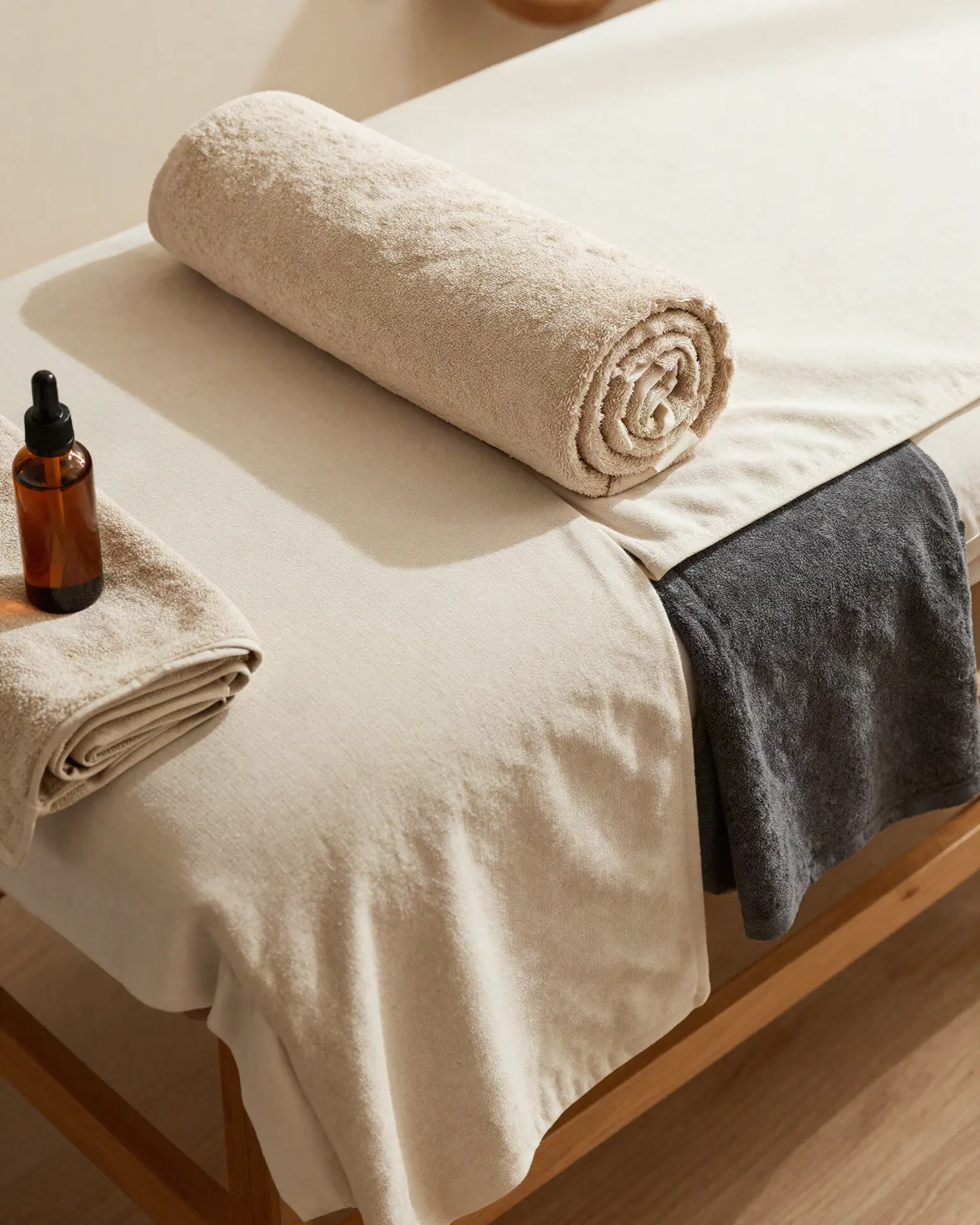 A massage table laid with crisp ivory linen, a rolled towel bolster and a folded charcoal blanket, with massage oil on a timber stool alongside.