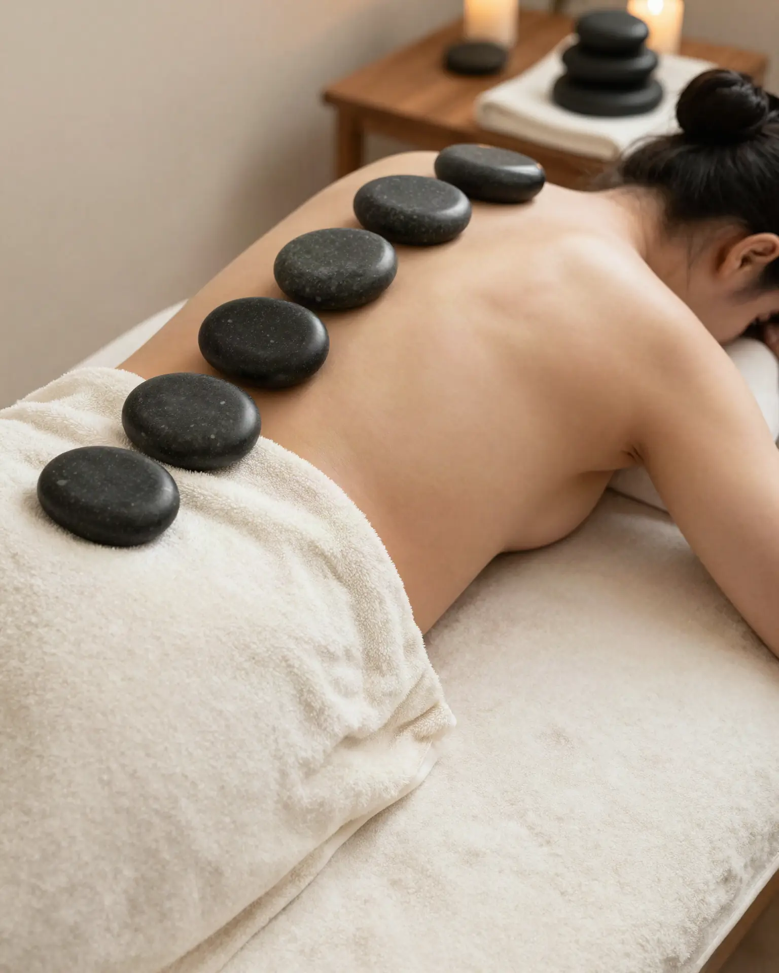 Smooth dark basalt stones laid in a row along a client's back, who rests face down under a cream towel.