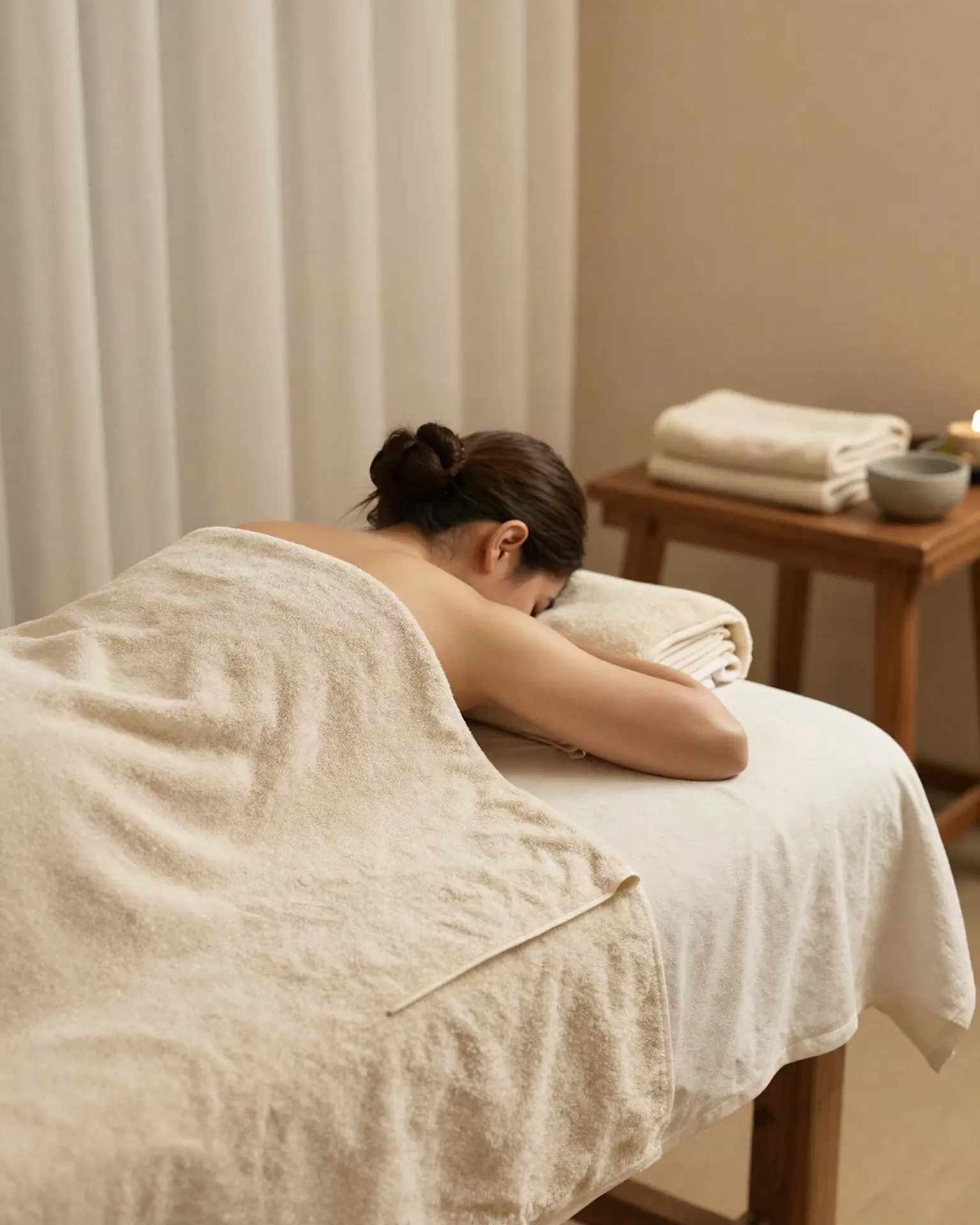 A client resting face down on a massage table under a thick cream towel in a calm, softly lit room.