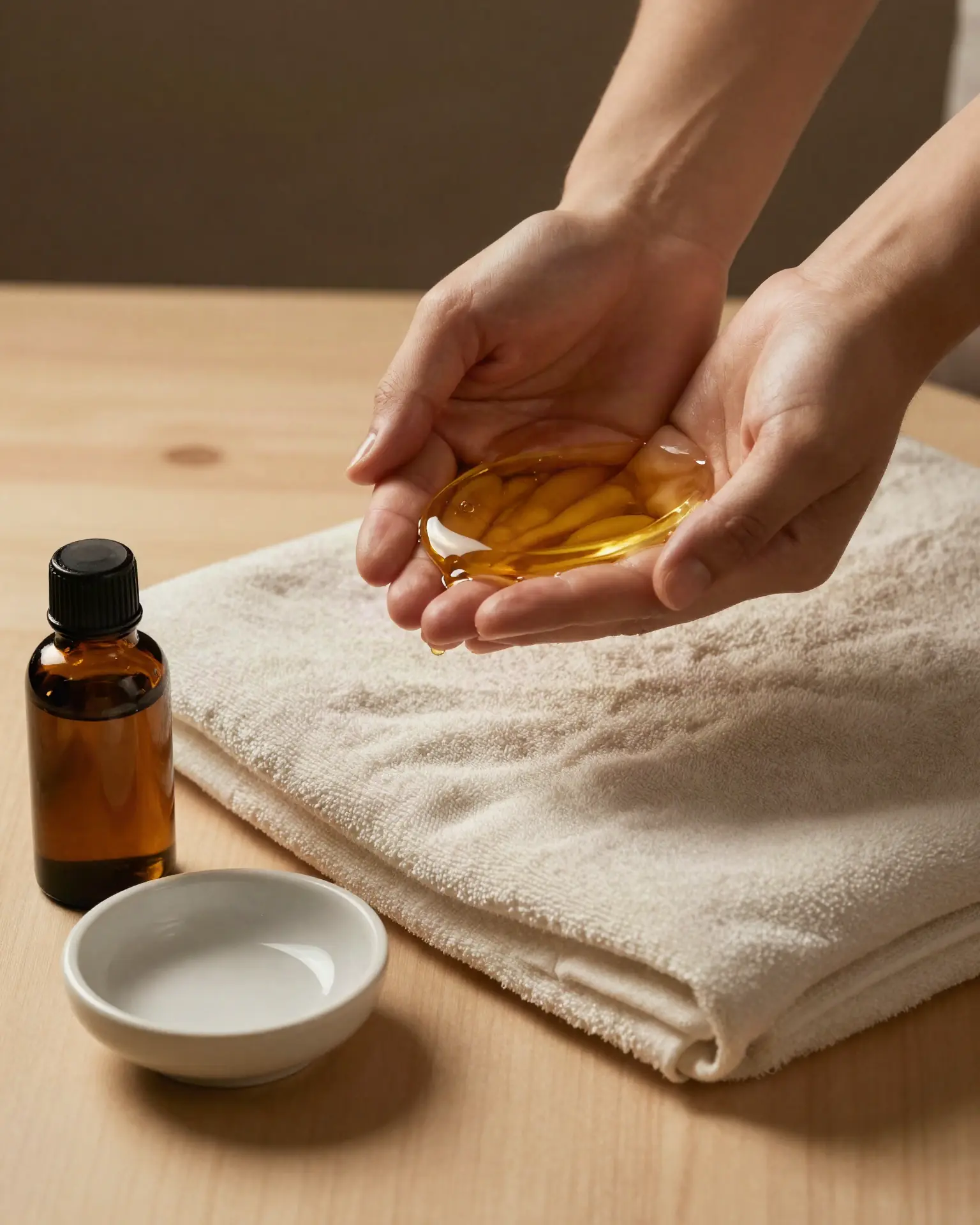 A therapist's cupped hands holding warm golden massage oil above a folded ivory towel.